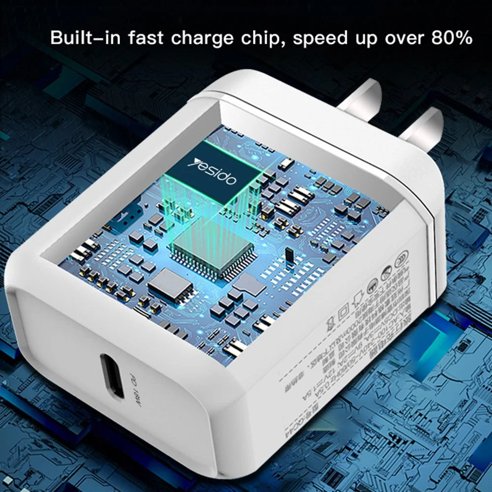 YESIDO YC23 USB C PD 18W High Power Wall Fast Charger Block Power Adapter - UK Plug - 5
