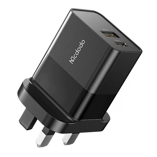 MCDODO CH-130 PD 20W Fast Charging Adapter USB+Type-C Dual Port Wall Charger - Black/UK Plug - 1