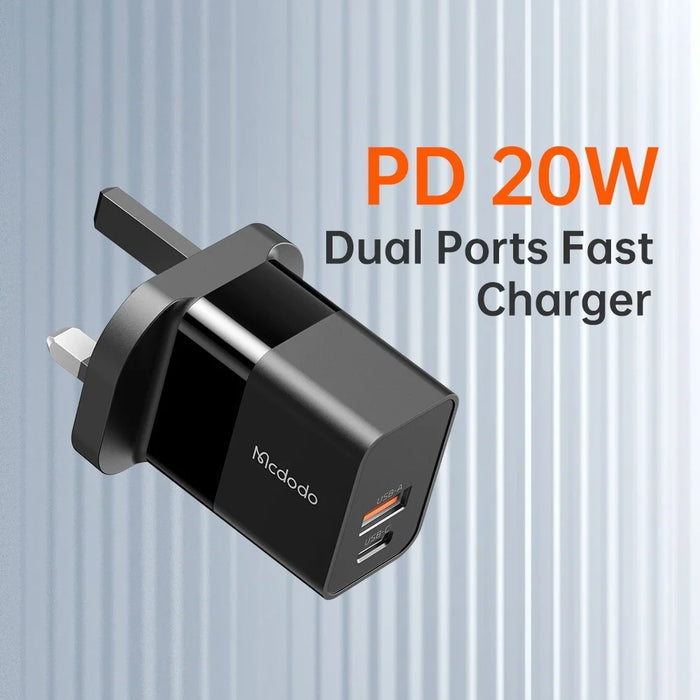 MCDODO CH-130 PD 20W Fast Charging Adapter USB+Type-C Dual Port Wall Charger - Black/UK Plug - 6