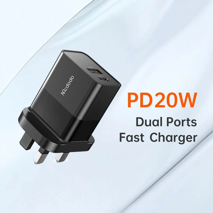 MCDODO CH-130 PD 20W Fast Charging Adapter USB+Type-C Dual Port Wall Charger - Black/UK Plug - 7