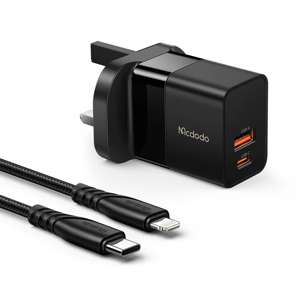 MCDODO MDD Hydrogen Series USB-A + Type-C PD 20W Phone Fast Charging Adapter Wall Charger with Cable - UK Plug/Black - 1