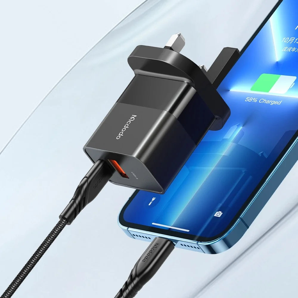 MCDODO MDD Hydrogen Series USB-A + Type-C PD 20W Phone Fast Charging Adapter Wall Charger with Cable - UK Plug/Black - 3