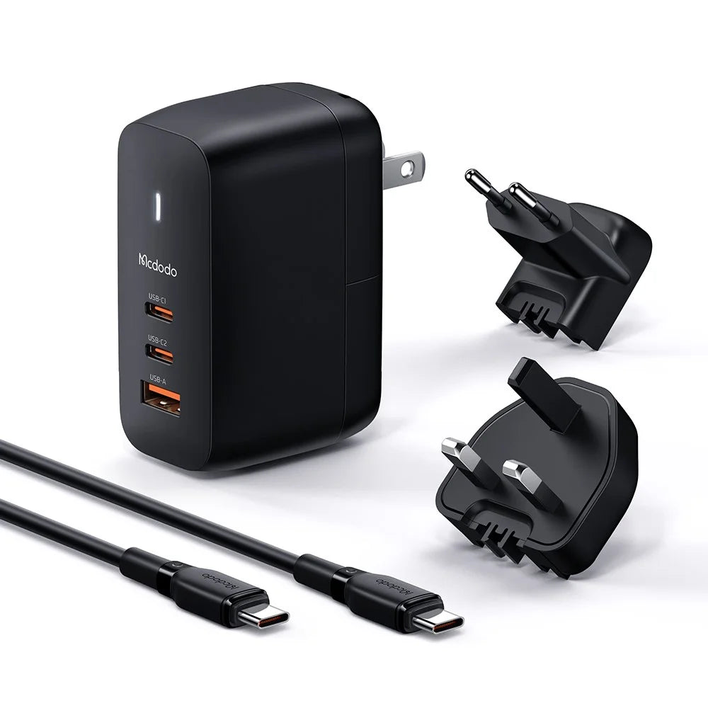 MCDODO CH-8442 MDD Mecha Series US Plug 65W GaN3.0 Dual Type-C+USB Travel Charger Adapter with Type-C Cable and EU+UK Plug - Black - 1