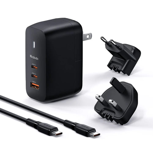 MCDODO CH-8442 MDD Mecha Series US Plug 65W GaN3.0 Dual Type-C+USB Travel Charger Adapter with Type-C Cable and EU+UK Plug - Black - 1