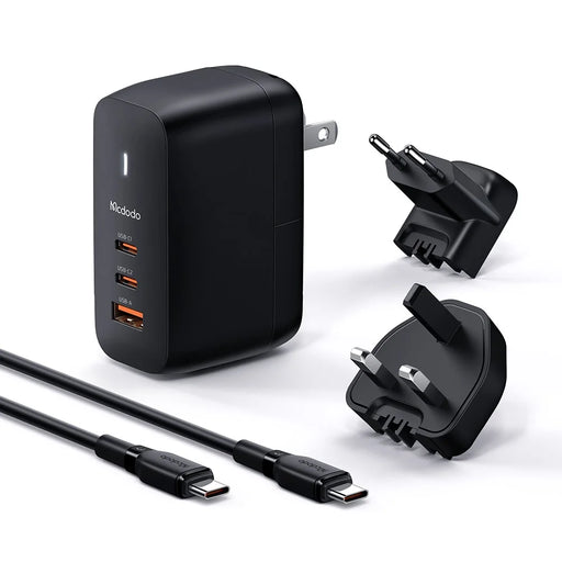 MCDODO CH-8442 MDD Mecha Series US Plug 65W GaN3.0 Dual Type-C+USB Travel Charger Adapter with Type-C Cable and EU+UK Plug - Black - 1
