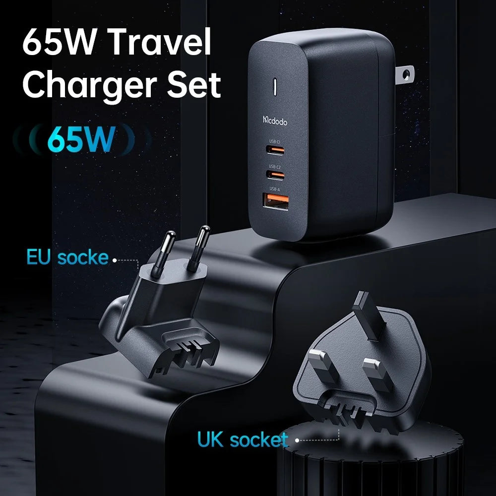 MCDODO CH-8442 MDD Mecha Series US Plug 65W GaN3.0 Dual Type-C+USB Travel Charger Adapter with Type-C Cable and EU+UK Plug - Black - 5
