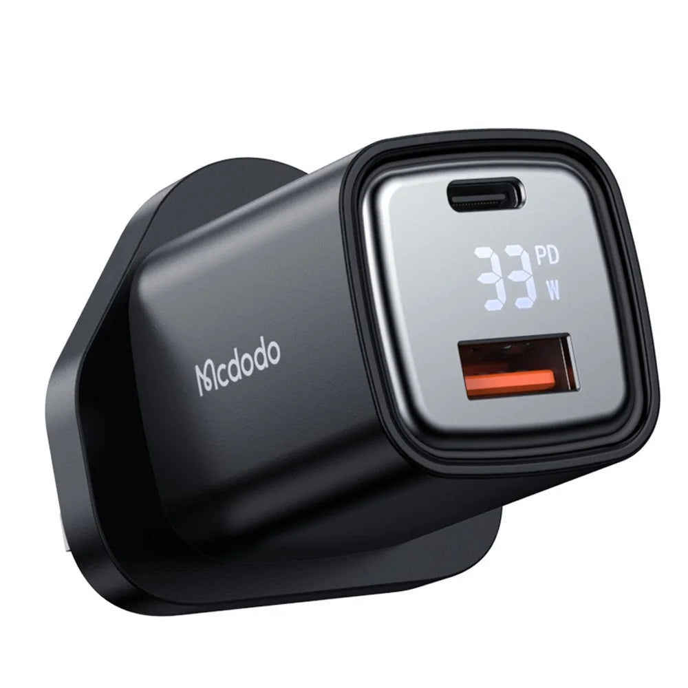 MCDODO Graphite Series 33W USB-A + Type-C Digital Display Dual Port Fast Charging Adapter Wall Charger - UK Plug - 1
