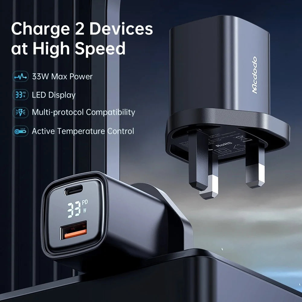 MCDODO Graphite Series 33W USB-A + Type-C Digital Display Dual Port Fast Charging Adapter Wall Charger - UK Plug - 2