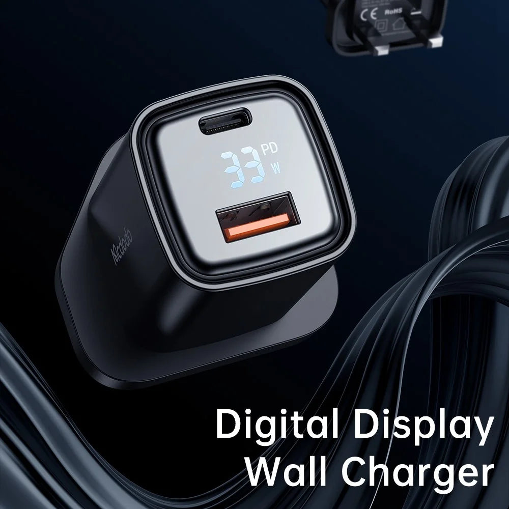 MCDODO Graphite Series 33W USB-A + Type-C Digital Display Dual Port Fast Charging Adapter Wall Charger - UK Plug - 3
