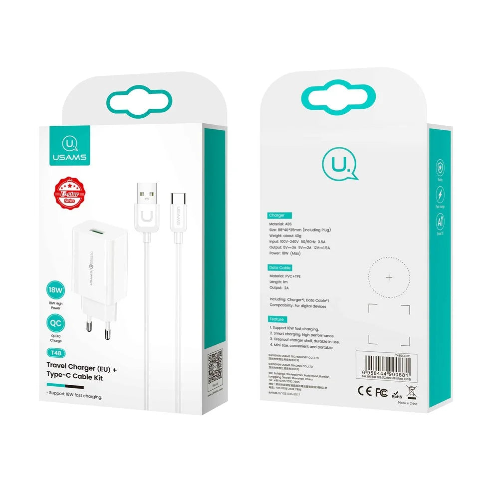 USAMS US-T48 T22 18W Fast Charging EU Plug Travel Charger + Type-C Cable Kit - 5