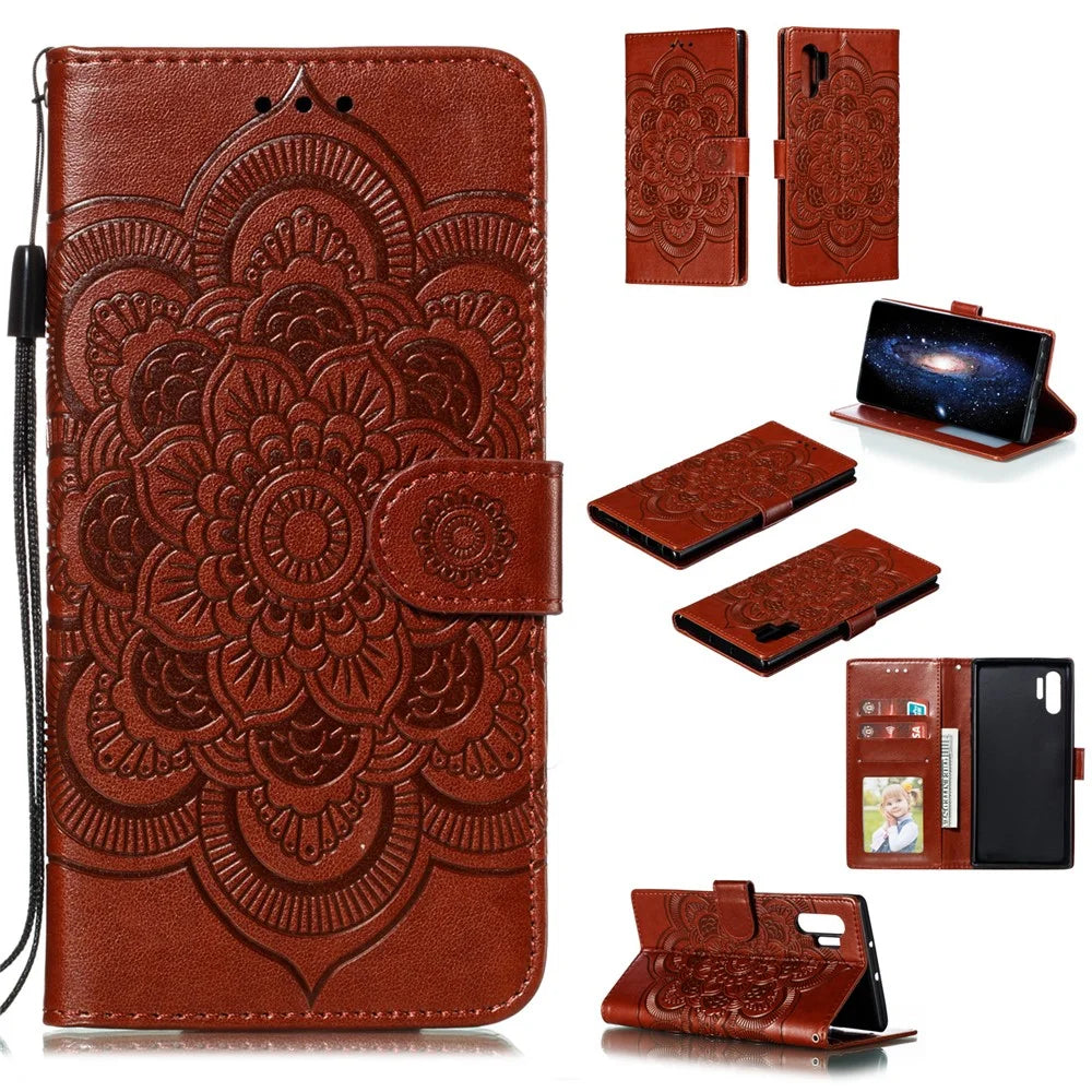 Imprint Mandala Flower Stand Wallet Leather Case Shell Cover for Samsung Galaxy Note 10 / Note 10 5G - Panda Plus / 10 Plus 5G - Bluswn - 1