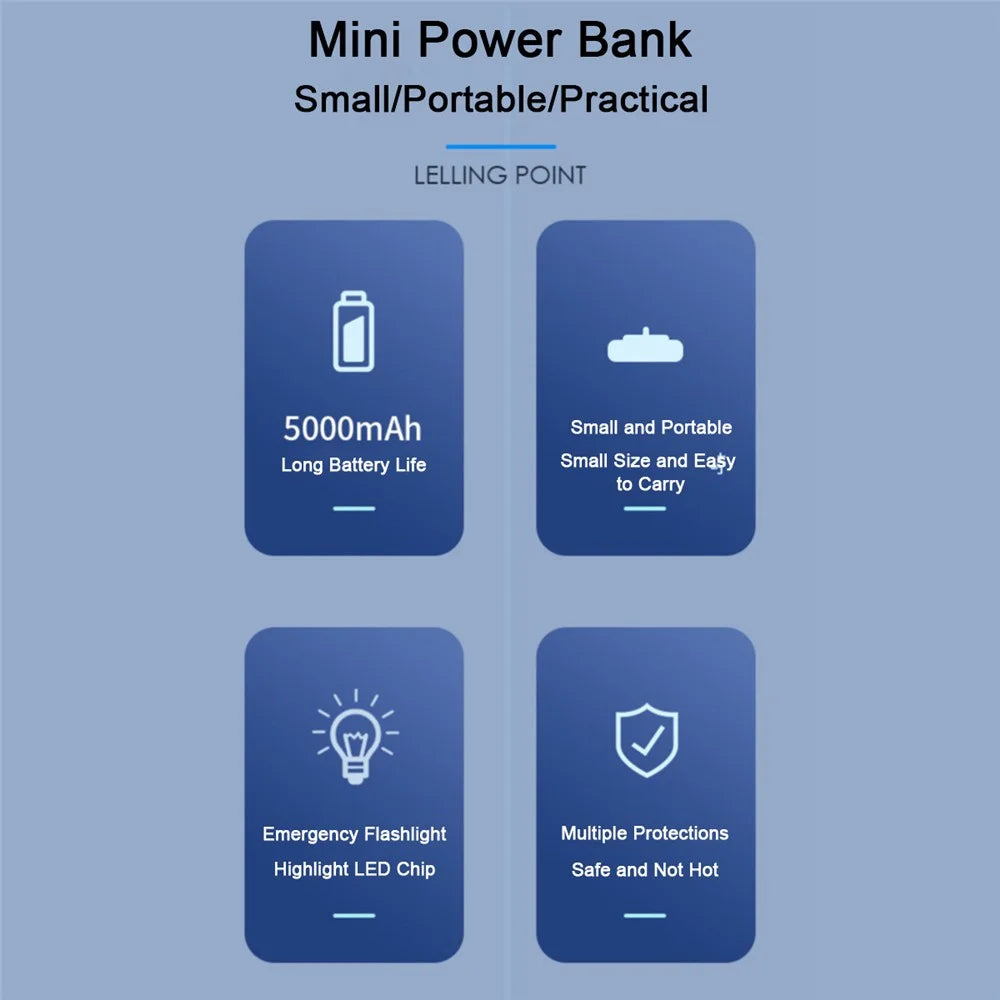 5000mAh Small Portable Charger Mini Power Bank Type-C Compact Phone Charger with Flashlight - Black - 2