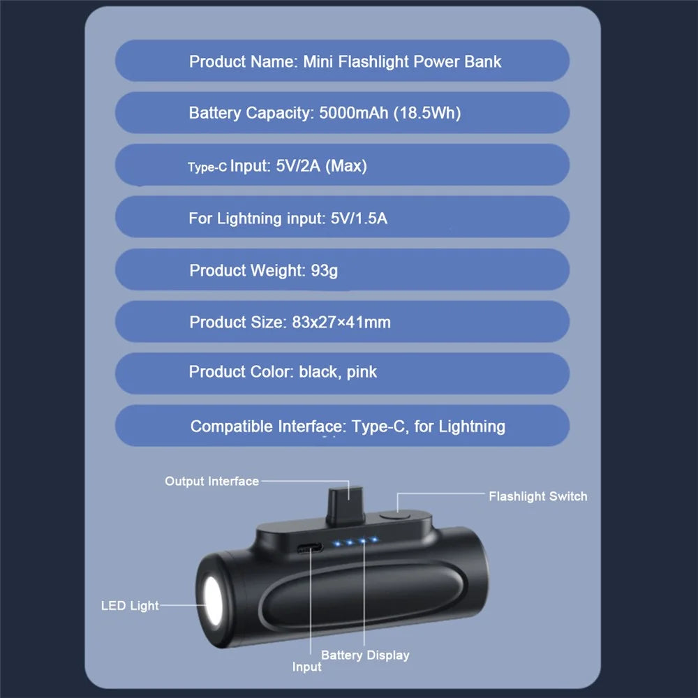 5000mAh Small Portable Charger Mini Power Bank Type-C Compact Phone Charger with Flashlight - Black - 3