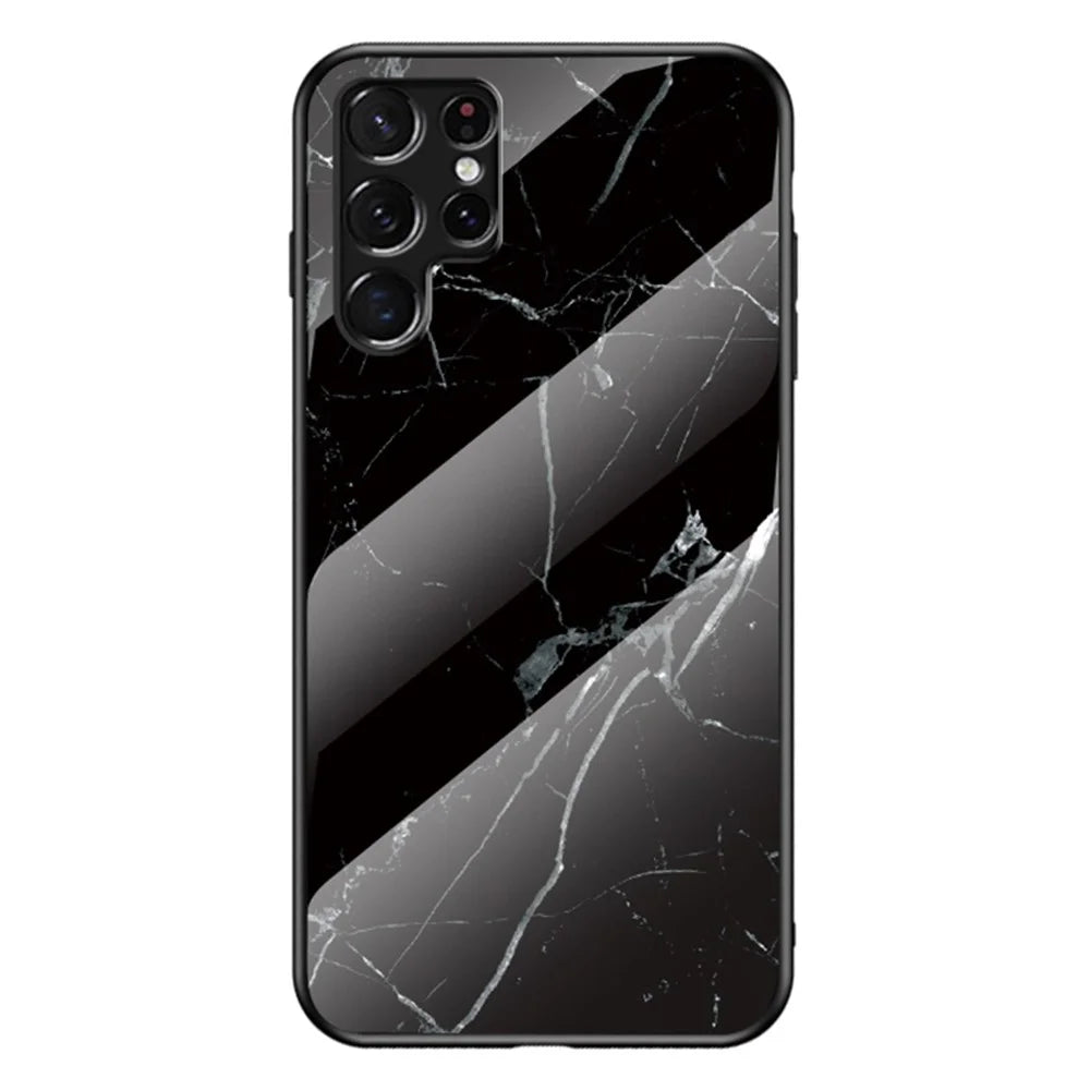Anti-Scratch Marble Pattern Tempered Glass Back Soft TPU Frame Hybrid Shell for Samsung Galaxy S22 Ultra 5G - Black Marble - 1