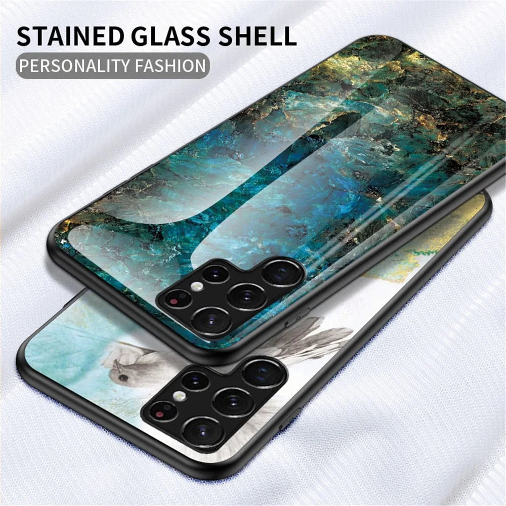 Anti-Scratch Marble Pattern Tempered Glass Back Soft TPU Frame Hybrid Shell for Samsung Galaxy S22 Ultra 5G - Black Marble - 2