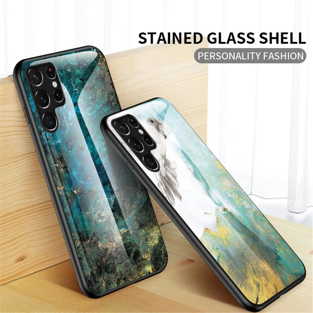 Anti-Scratch Marble Pattern Tempered Glass Back Soft TPU Frame Hybrid Shell for Samsung Galaxy S22 Ultra 5G - Black Marble - 3