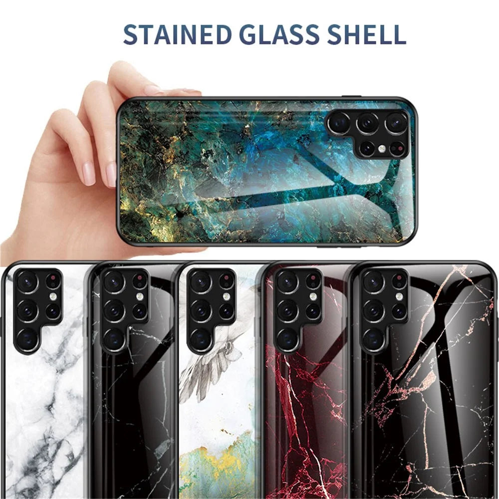 Anti-Scratch Marble Pattern Tempered Glass Back Soft TPU Frame Hybrid Shell for Samsung Galaxy S22 Ultra 5G - Black Marble - 5