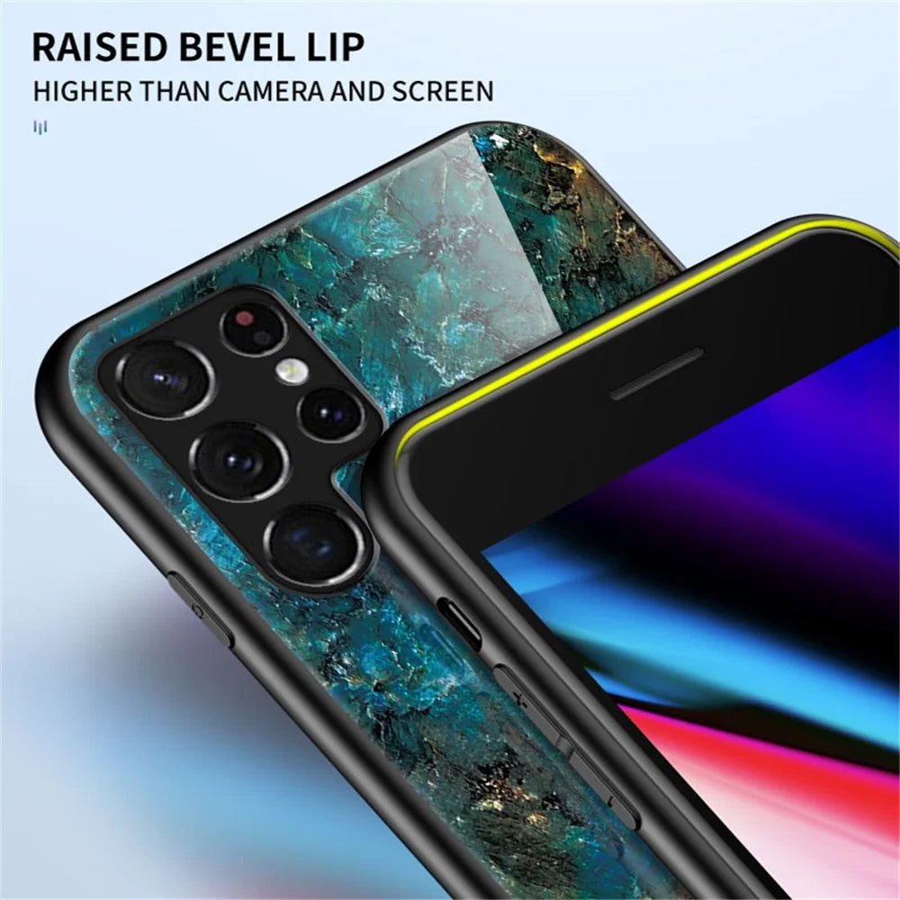 Anti-Scratch Marble Pattern Tempered Glass Back Soft TPU Frame Hybrid Shell for Samsung Galaxy S22 Ultra 5G - Black Marble - 7