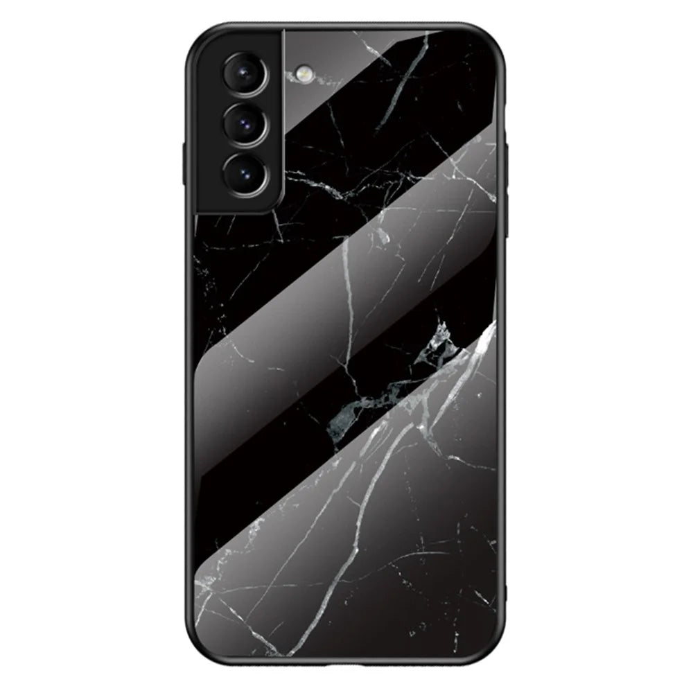 Marble Pattern Design Soft TPU Bumper Frame Skin Hard Tempered Glass Back Cover for Samsung Galaxy S22 5G - Black Marble - 1