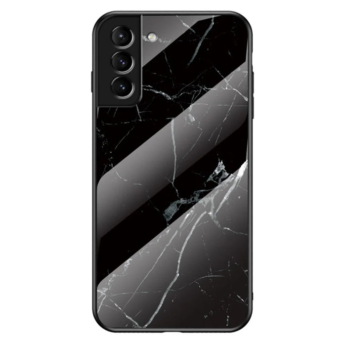 Marble Pattern Design Soft TPU Bumper Frame Skin Hard Tempered Glass Back Cover for Samsung Galaxy S22 5G - Black Marble - 1