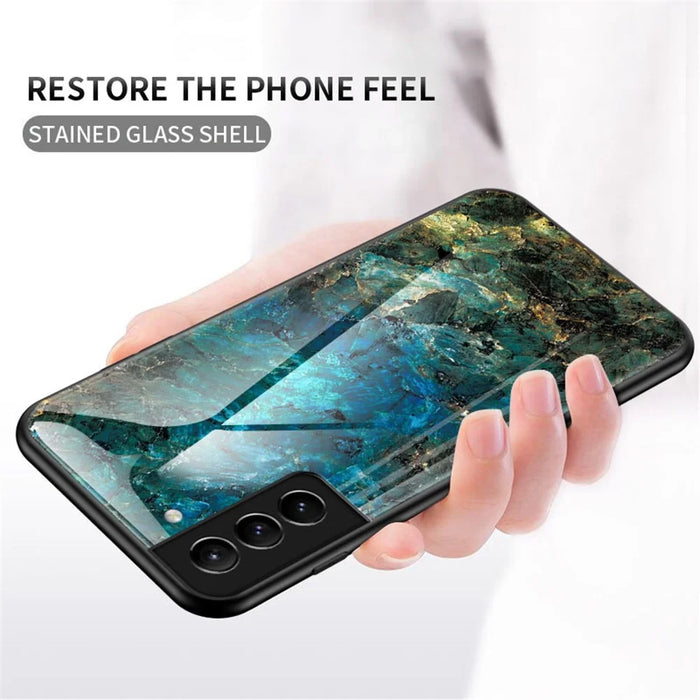 Marble Pattern Design Soft TPU Bumper Frame Skin Hard Tempered Glass Back Cover for Samsung Galaxy S22 5G - Black Marble - 2