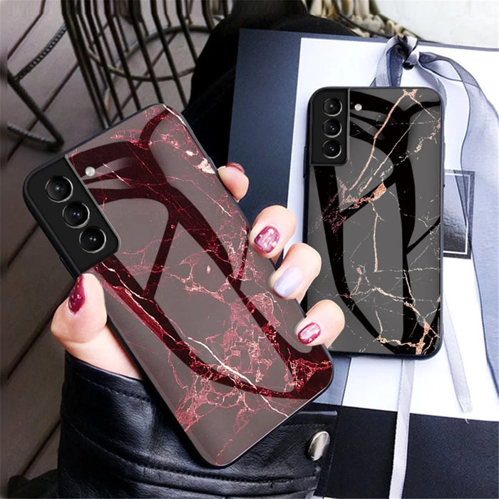 Marble Pattern Design Soft TPU Bumper Frame Skin Hard Tempered Glass Back Cover for Samsung Galaxy S22 5G - Black Marble - 6