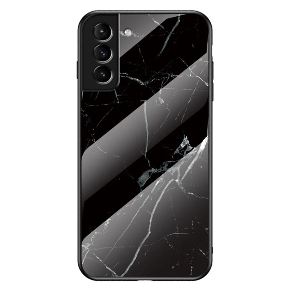 Scratch-Resistant Tempered Glass Marble Pattern Back TPU Shockproof Protective Phone Case for Samsung Galaxy S22+ 5G - Black Marble - 1