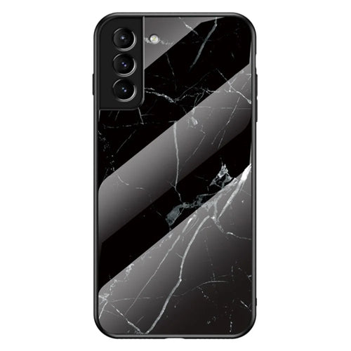 Scratch-Resistant Tempered Glass Marble Pattern Back TPU Shockproof Protective Phone Case for Samsung Galaxy S22+ 5G - Black Marble - 1