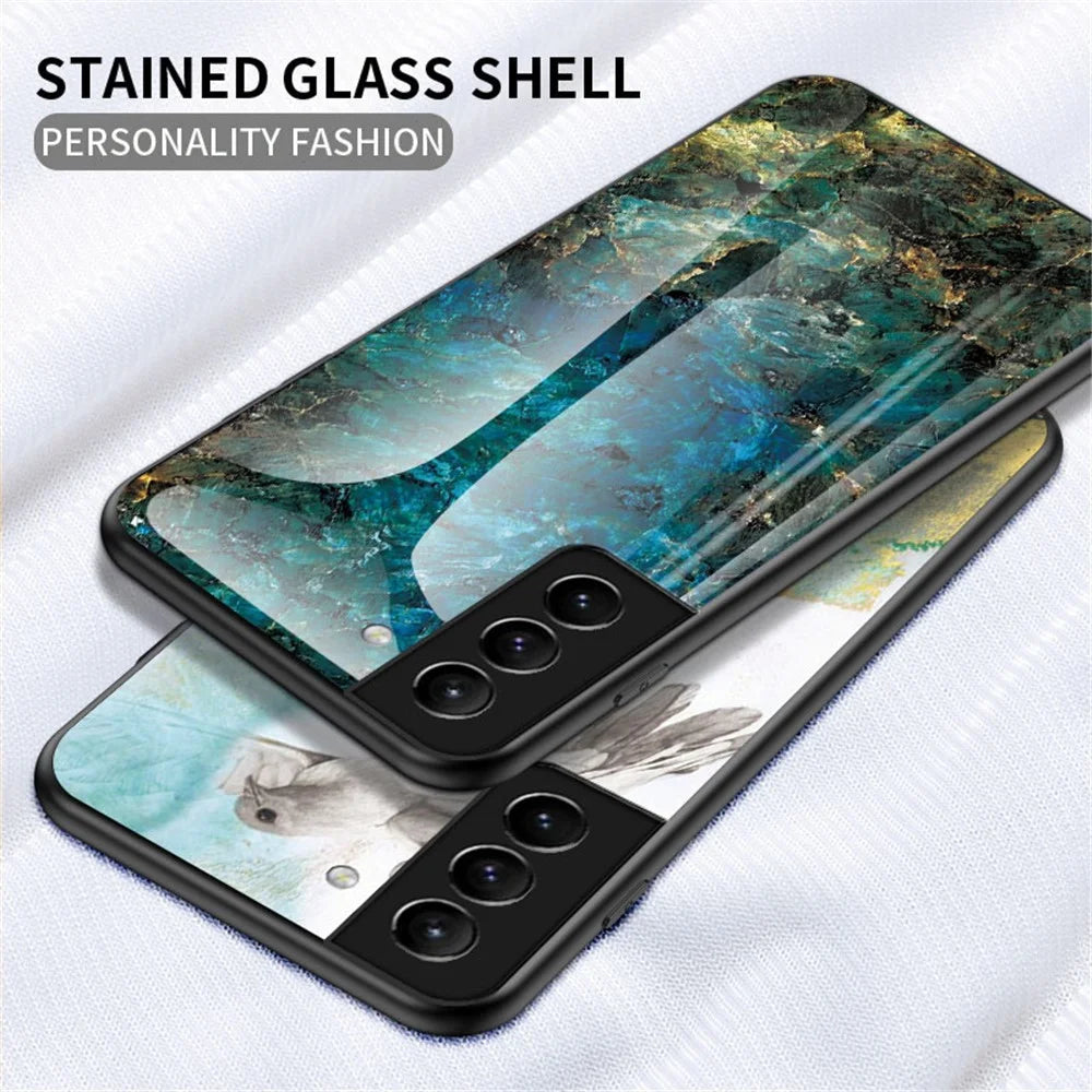 Scratch-Resistant Tempered Glass Marble Pattern Back TPU Shockproof Protective Phone Case for Samsung Galaxy S22+ 5G - Black Marble - 2