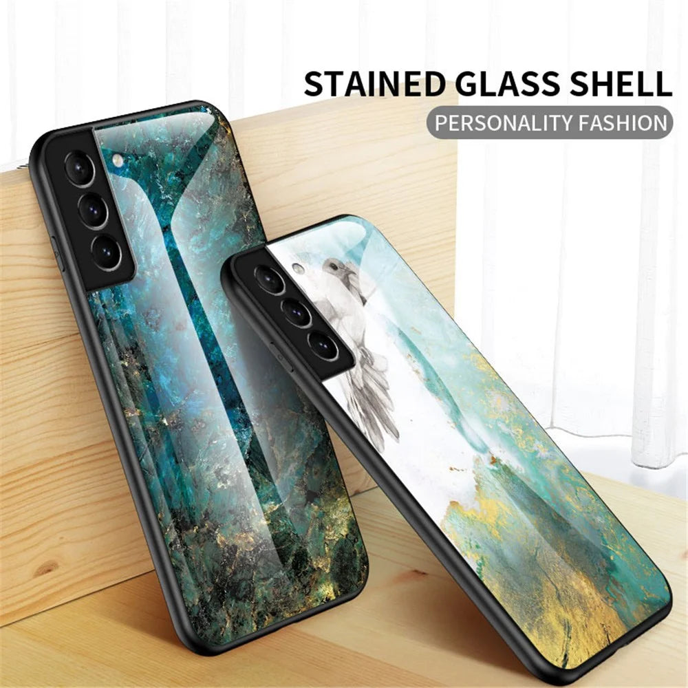 Scratch-Resistant Tempered Glass Marble Pattern Back TPU Shockproof Protective Phone Case for Samsung Galaxy S22+ 5G - Black Marble - 3