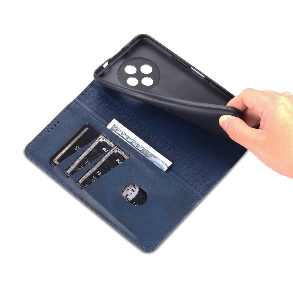 AZNS Wallet Case for U-Magic Enjoy 50 Plus, PU Leather Stand Hidden Magnetic Absorption Flip Shockproof Protective Cover - Blue - 7