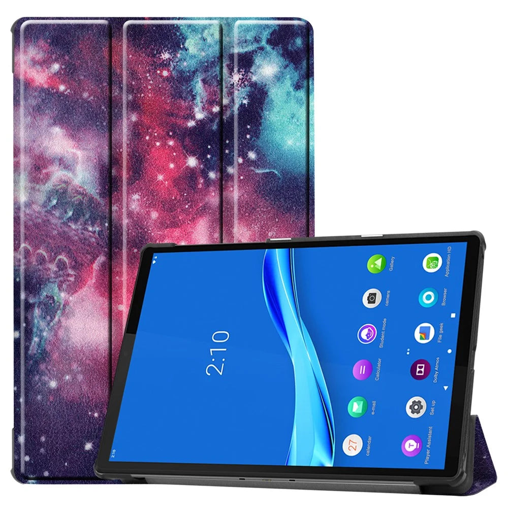 Pattern Printing Tri-fold Leather Stand Case Anti-scratch Shockproof Tablet Cover Shell for Lenovo Tab M10 Plus TB-X606F - Galaxy Pattern - 1
