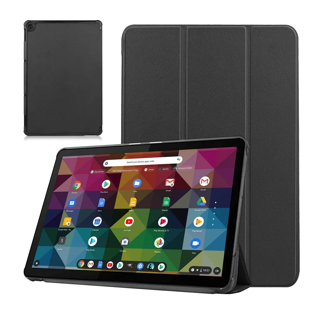 Litch Skin PU Leather Tri-fold Stand Shell for Lenovo Chromebook Duet Tablet Case - Black - 1