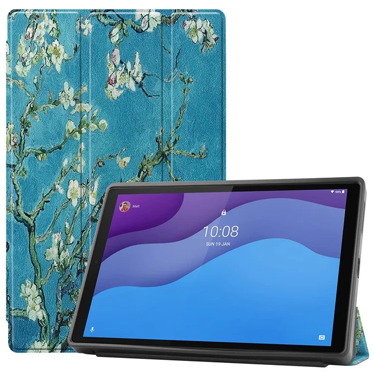 Tri-fold Stand + Pen Slot + Pattern Printing Leather Case for Lenovo Tab M10 HD Gen 2 TB-X306F / TB-X306X - Peach Blossom - 1