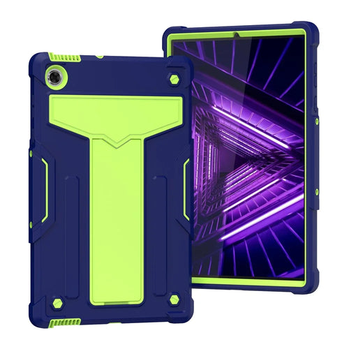 PC Silicone Tablet Cover for Lenovo Tab M10 Plus/TB-X606F Foldable T-shaped Kickstand Shell - Dark Blue/Green - 1