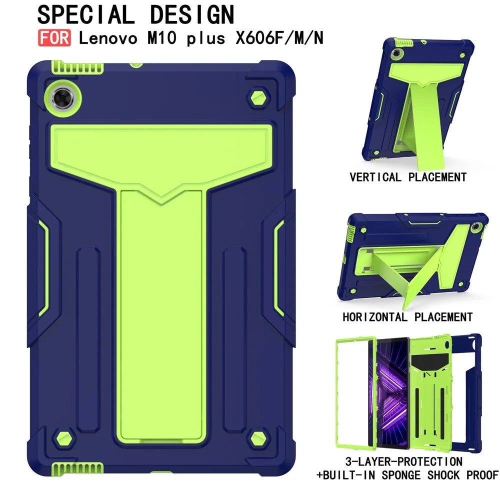 PC Silicone Tablet Cover for Lenovo Tab M10 Plus/TB-X606F Foldable T-shaped Kickstand Shell - Dark Blue/Green - 2