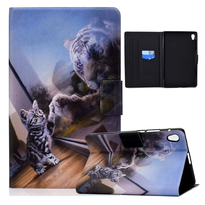 TPU + PU Leather Pattern Printing Card Holder Tablet Case for Lenovo Tab M10 HD Gen 2 X306X - Cat and Tiger - 1