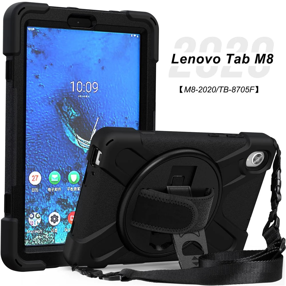 PC and Silicone Tablet Case + Shoulder Strap + Hand Band + 360° Swivel Kickstand for Lenovo Tab M8 2020 - Black - 3