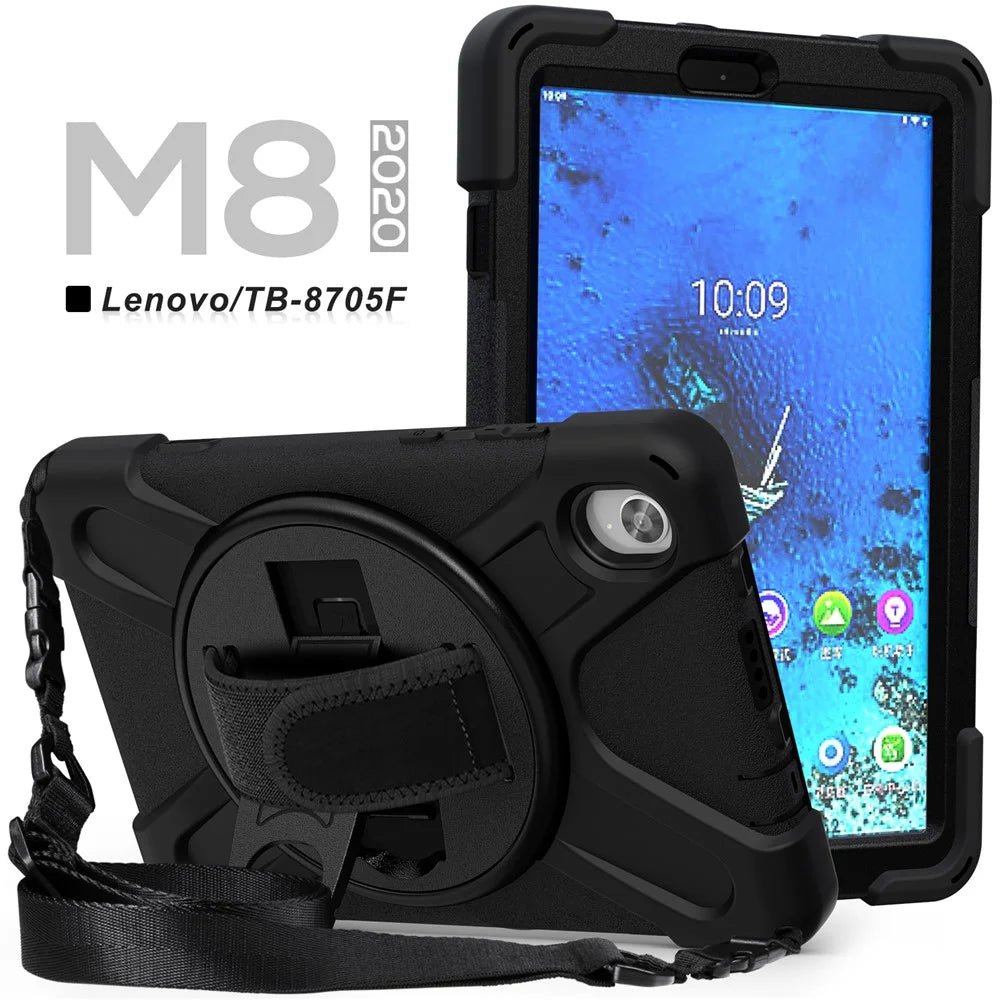 PC and Silicone Tablet Case + Shoulder Strap + Hand Band + 360° Swivel Kickstand for Lenovo Tab M8 2020 - Black - 4