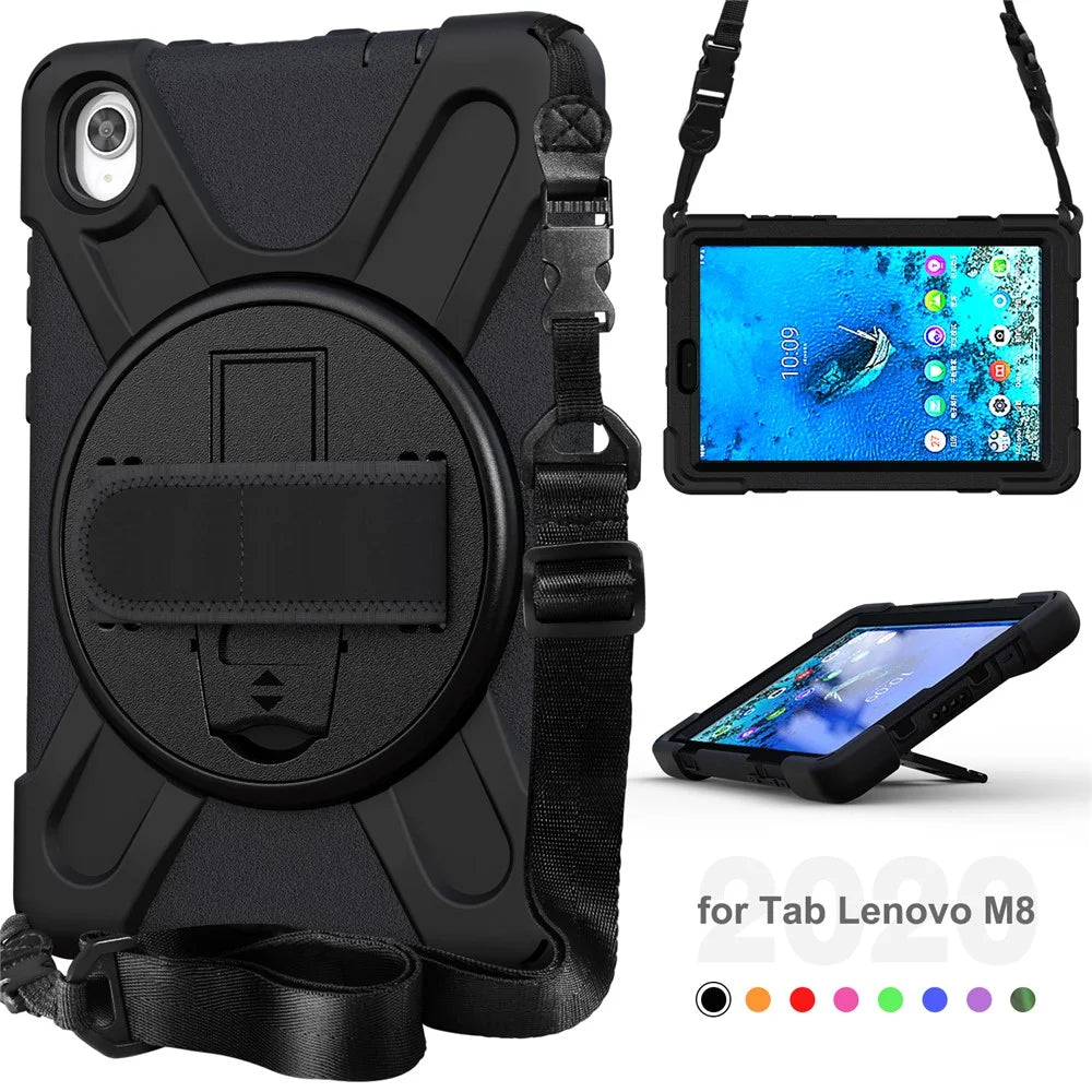 PC and Silicone Tablet Case + Shoulder Strap + Hand Band + 360° Swivel Kickstand for Lenovo Tab M8 2020 - Black - 6
