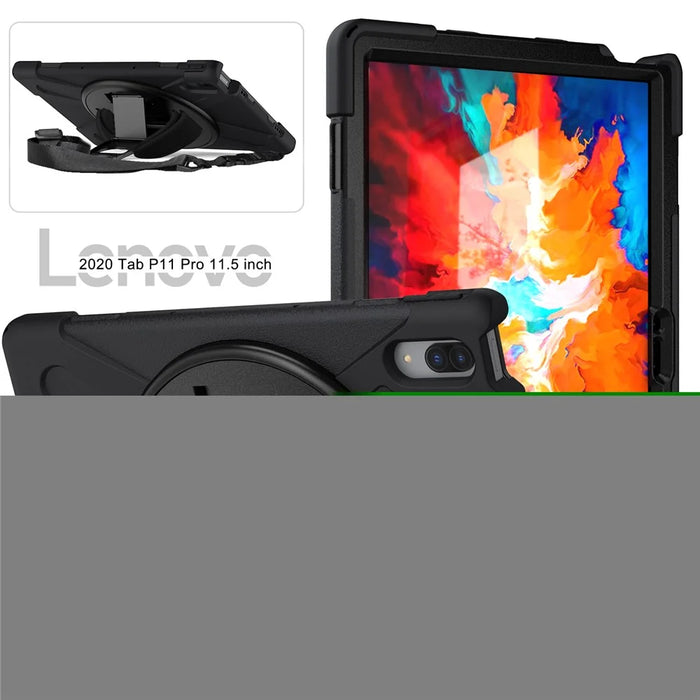 360 Degree Swivel Kickstand Design PC + Silicone Hybrid Protective Tablet Case + Shoulder Strap for Lenovo Tab P11 Pro TB-J706F - Black - 7