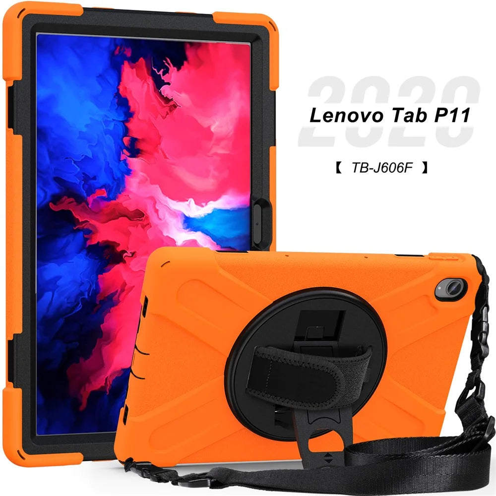 360 Degree Swivel Kickstand Design PC + Silicone Hybrid Tablet Case with Shoulder Strap for Lenovo Tab P11 TB-J606F / Tab P11 5G / Tab P11 5G - Orange - 5