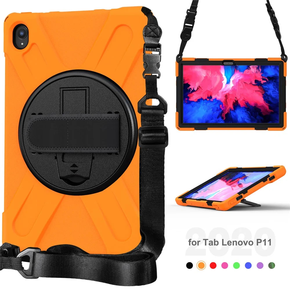 360 Degree Swivel Kickstand Design PC + Silicone Hybrid Tablet Case with Shoulder Strap for Lenovo Tab P11 TB-J606F / Tab P11 5G / Tab P11 5G - Orange - 7