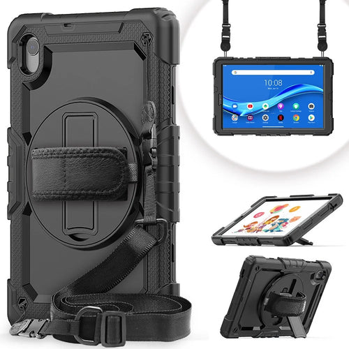 PC + Silicone + PET Front Film Tablet Combo Shell with Kickstand and Shoulder Strap for Lenovo Tab M10 HD Gen 2 TB-306X(F) - Black/Black - 1