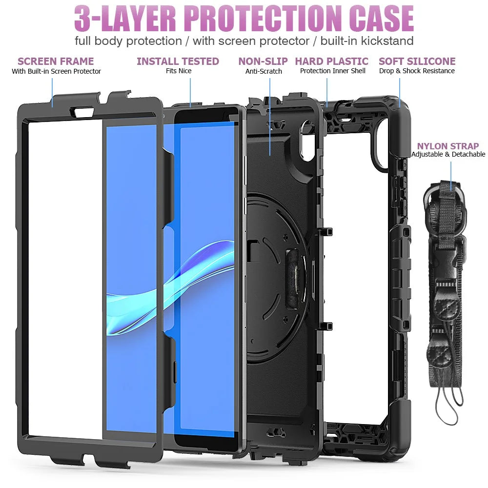 PC + Silicone + PET Front Film Tablet Combo Shell with Kickstand and Shoulder Strap for Lenovo Tab M10 HD Gen 2 TB-306X(F) - Black/Black - 3