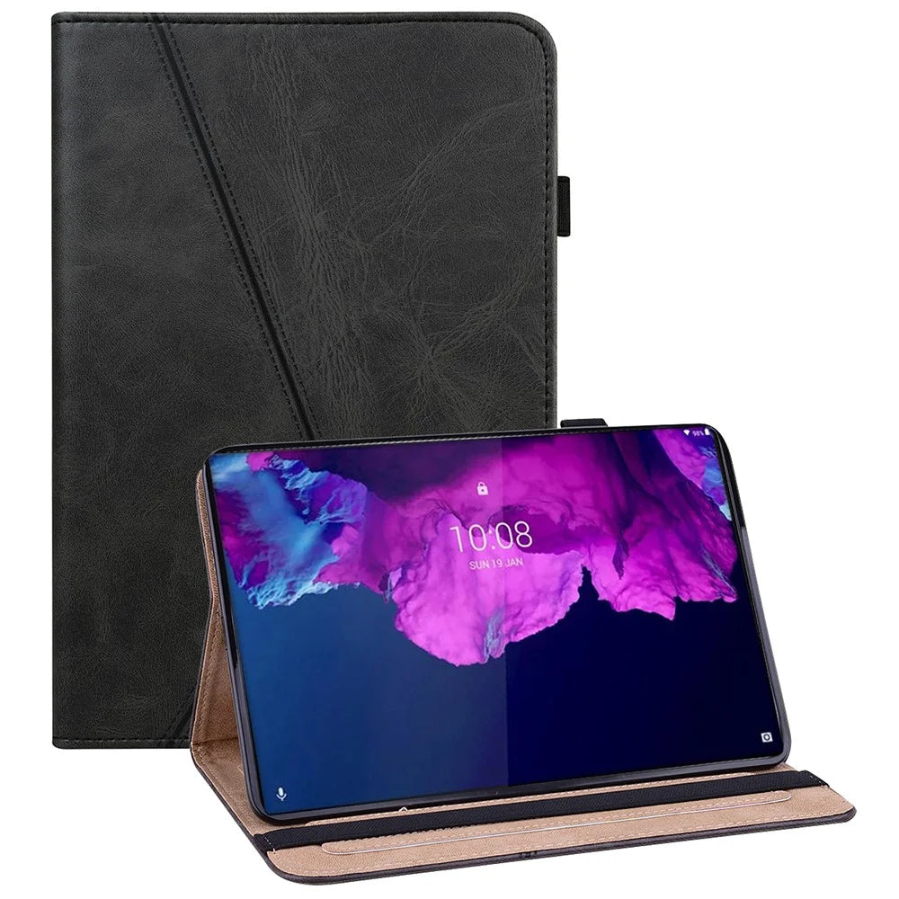 Drop-Resistant Plain Leather Tablet Stand Cover with Card Holder and Pen Strap for Lenovo Tab P11 TB-J606F / Tab P11 5G - Black - 1