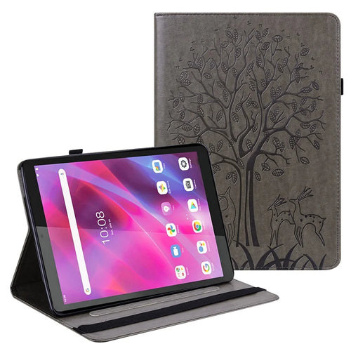 Imprint Tree and Deer Pattern Elastic Strap Closure Leather Stand Tablet Cover for Lenovo Tab M10 HD (TB-X505L/TB-X505F)/M10 (TB-X605L/TB-X605F)/Tab P10 (TB-X705F TB-X705L) - Grey - 1