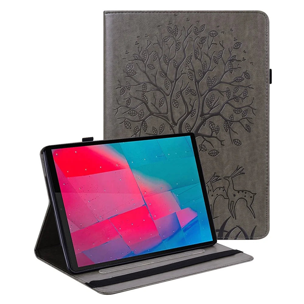 Imprinted Tree and Deer PU Leather Folio Flip Stand Protective Case Cover with Card Holder for Lenovo Tab M10 Plus TB-X606F / TB-606X - Grey - 1