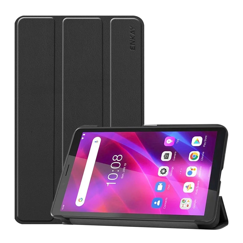 ENKAY HAT PRINCE Full Coverage Shock-Proof Tri-fold PU Leather + Hard PC Inner Tablet Stand Case for  Lenovo Tab M7 (2nd Gen) / (3rd Gen) - Black - 1