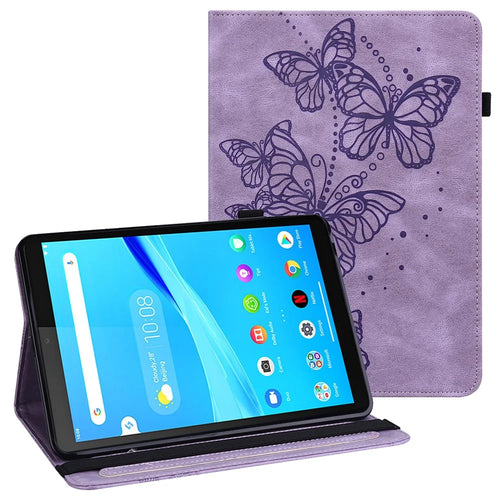 Butterflies Imprinted Elastic Strap Well-Protected Anti-Drop Tablet Case with Stand for Lenovo Tab M8/M8 (2nd Gen) TB-8505/TB-8705/TB-8506 -  Purple - 1